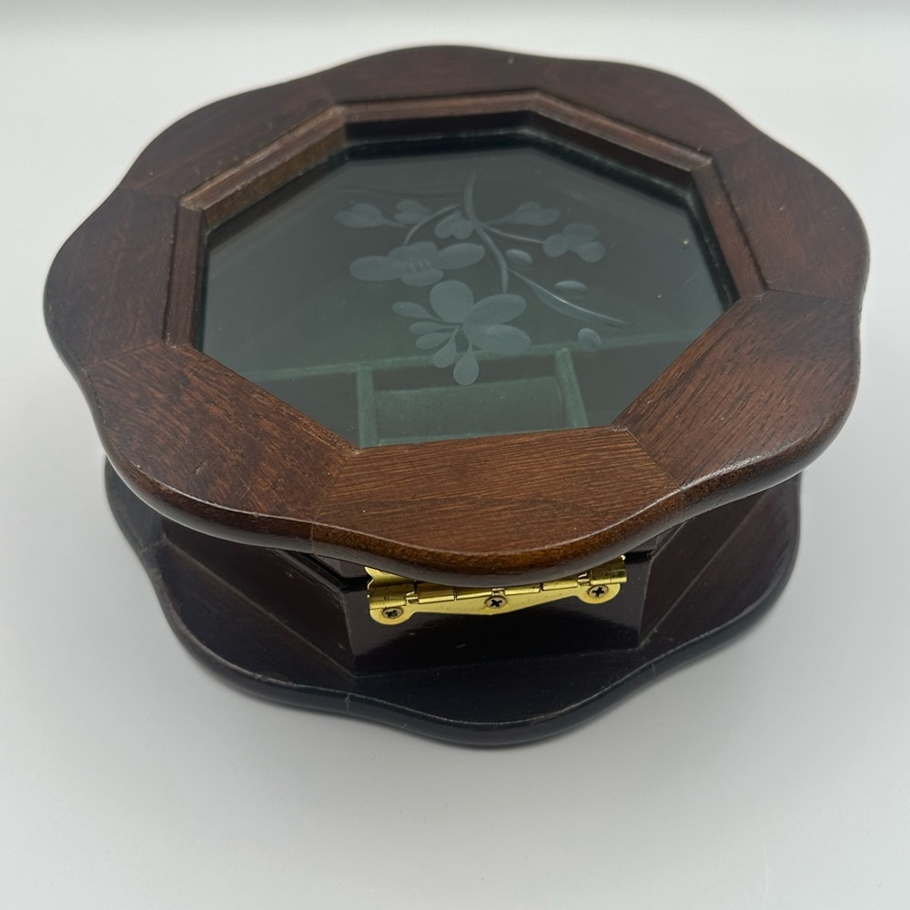 Wooden Octagonal Ring Earring  Holder Jewelry Box with Glass Top Styled by Mele - Picture 8 of 9